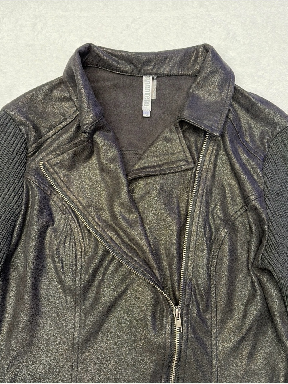 Monoreno Black Faux Leather Moto Jacket with Ribbed Knit Sleeves